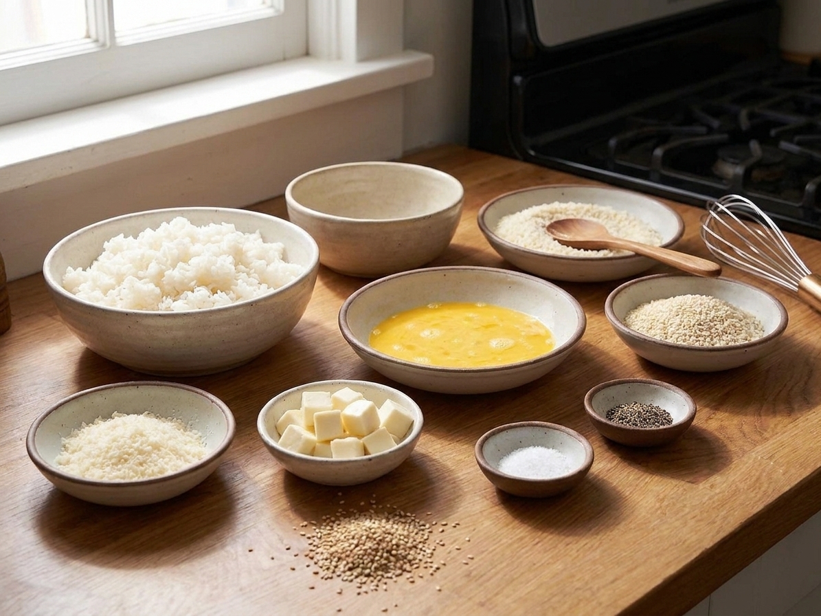 Measured ingredients for rice balls arranged on a kitchen counter including cooked rice, eggs, parmesan, breadcrumbs, mozzarella cubes, and seasonings