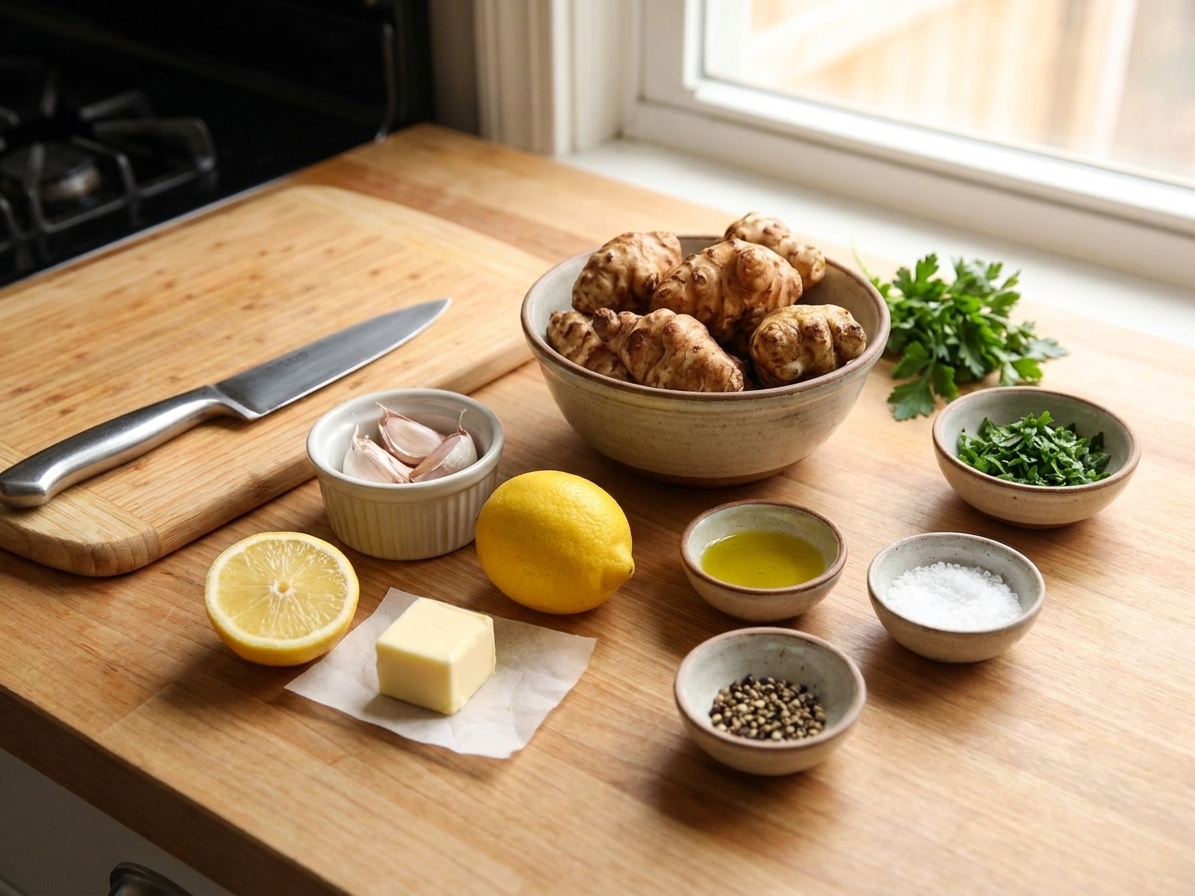 Measured ingredients for roasted sunchokes including scrubbed sunchokes, garlic cloves, lemon, butter, olive oil, salt, pepper, and chopped parsley on a clean kitchen counter