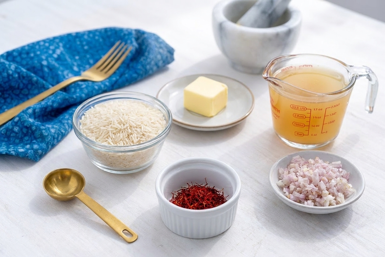 Measured ingredients for saffron rice including basmati rice, saffron threads, butter, broth, and minced shallot arranged on a clean kitchen counter