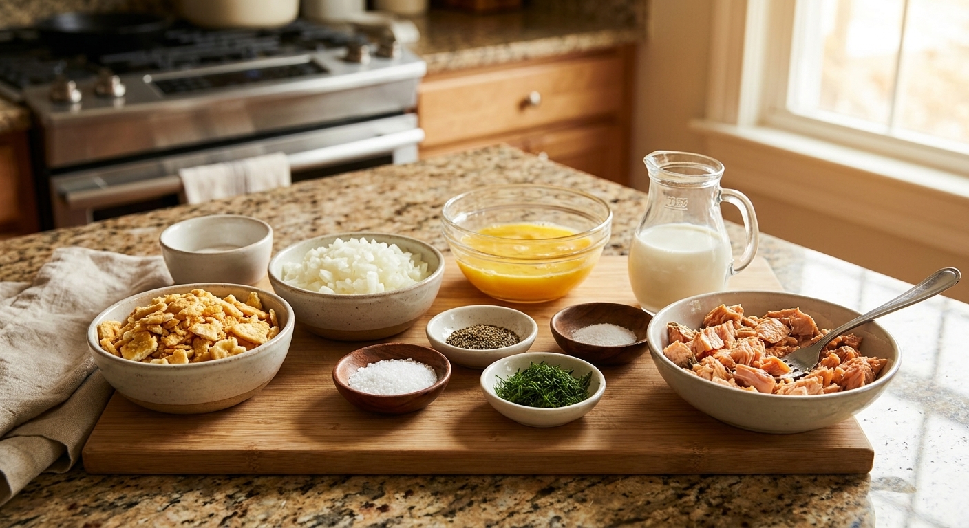 Measured ingredients for salmon loaf in small bowls including crushed crackers, diced onion, beaten eggs, milk, and seasonings on a kitchen counter