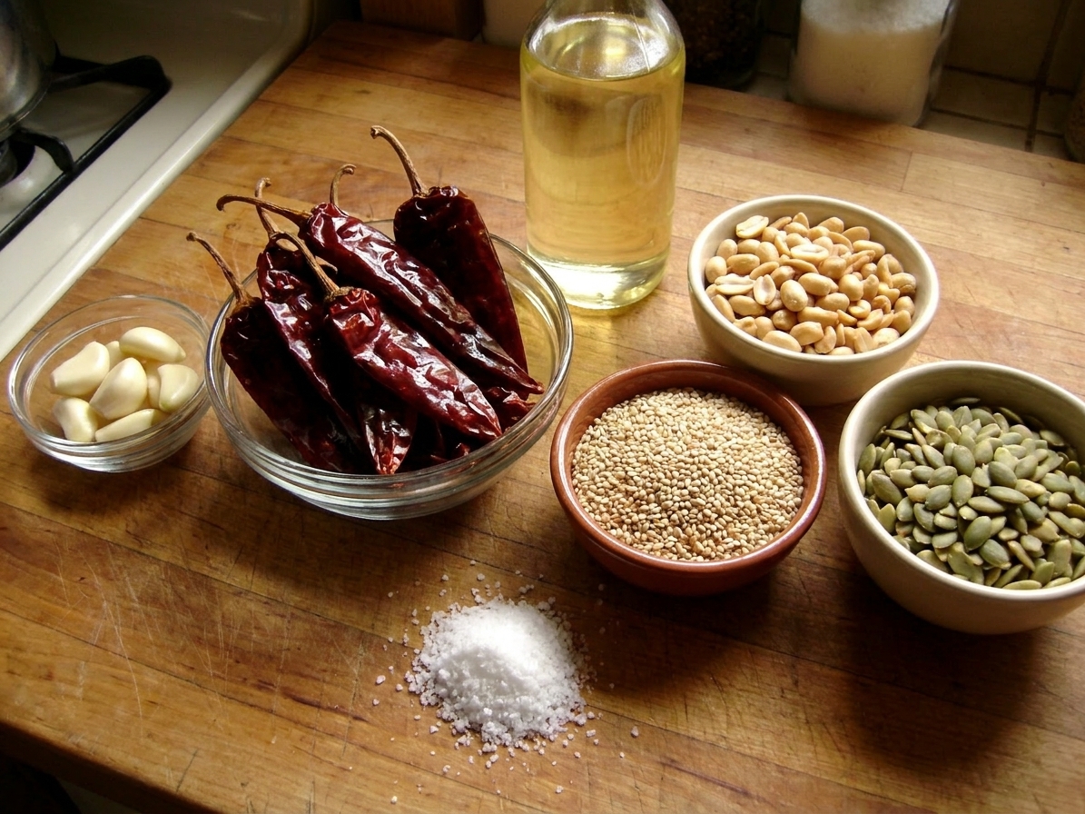 Measured ingredients for salsa macha including dried chiles, garlic cloves, peanuts, sesame seeds, pepitas, salt, and a bottle of neutral oil arranged on a kitchen counter