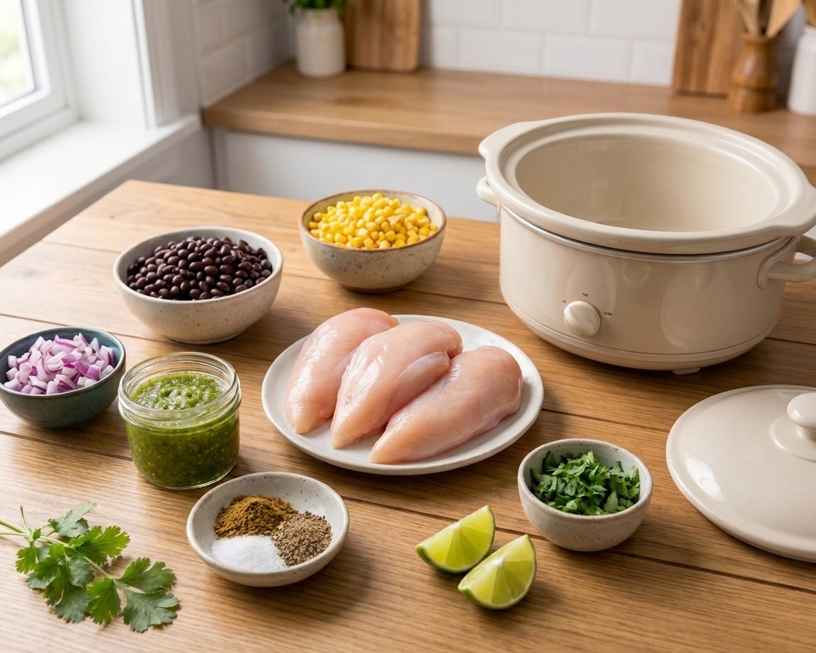Measured ingredients for salsa verde chicken arranged on a light kitchen counter with a slow cooker insert nearby