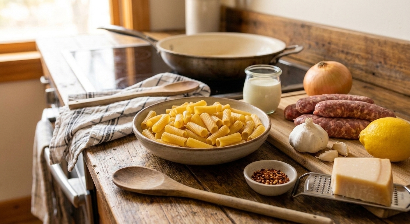 Measured ingredients for sausage cream pasta on a kitchen counter, including dried pasta, Italian sausage, garlic, heavy cream, Parmesan, lemon, and a small bowl of red pepper flakes