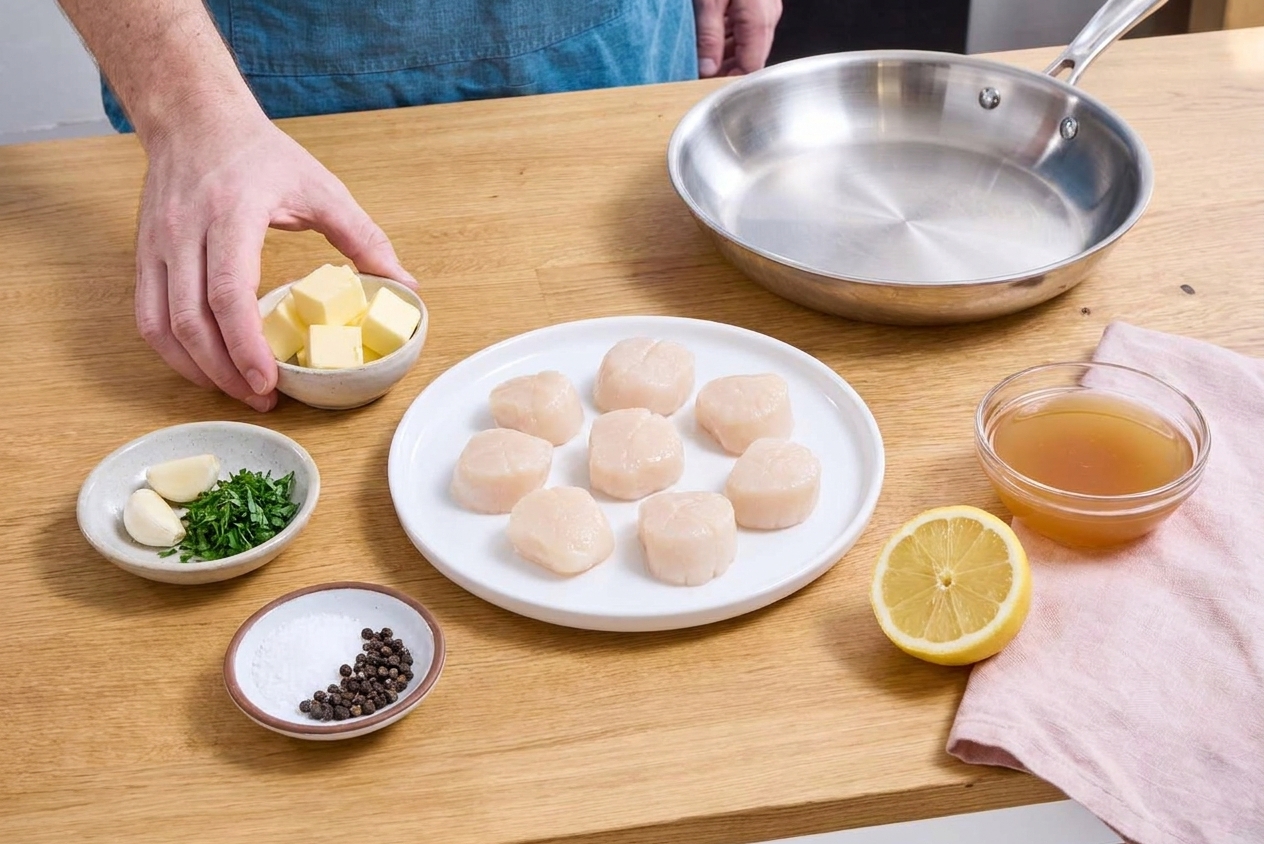 Measured ingredients for scallops on a kitchen counter including raw sea scallops, butter, garlic, lemon, parsley, salt, pepper, and a small bowl of stock