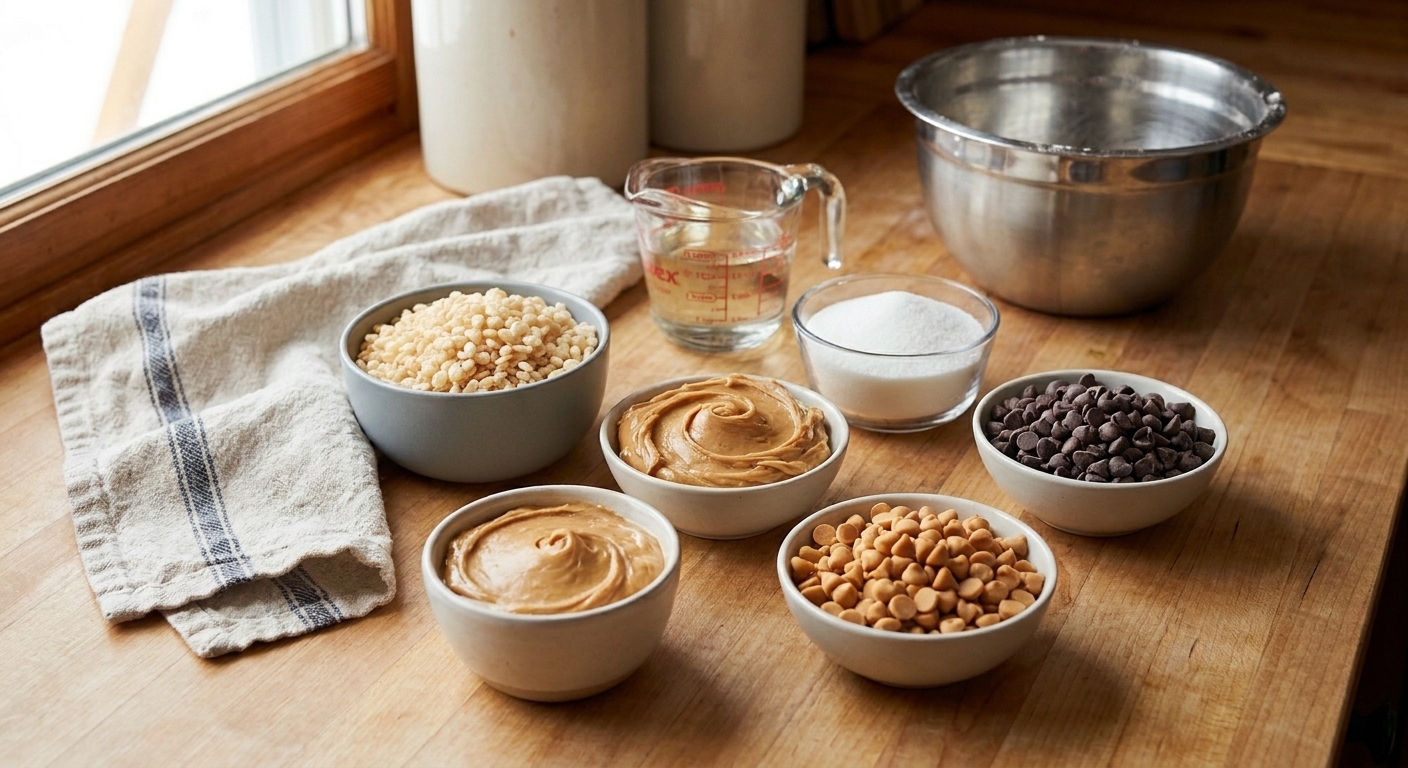 Measured ingredients for scotcharoos on a kitchen counter including crisp rice cereal, peanut butter, corn syrup, sugar, chocolate chips, and butterscotch chips in small bowls