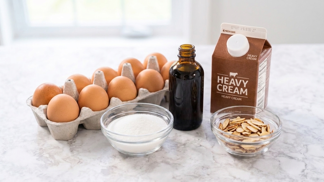 Measured ingredients for semifreddo on a kitchen counter, including eggs, sugar, vanilla, heavy cream, and a small bowl of toasted sliced almonds