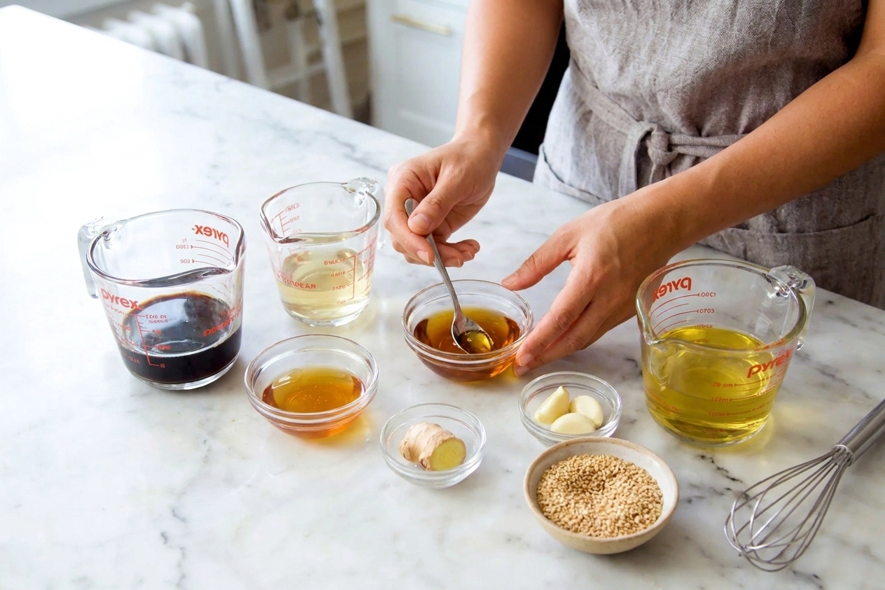 Measured ingredients for sesame ginger dressing on a kitchen counter, including soy sauce, rice vinegar, toasted sesame oil, honey, fresh ginger, garlic, and neutral oil