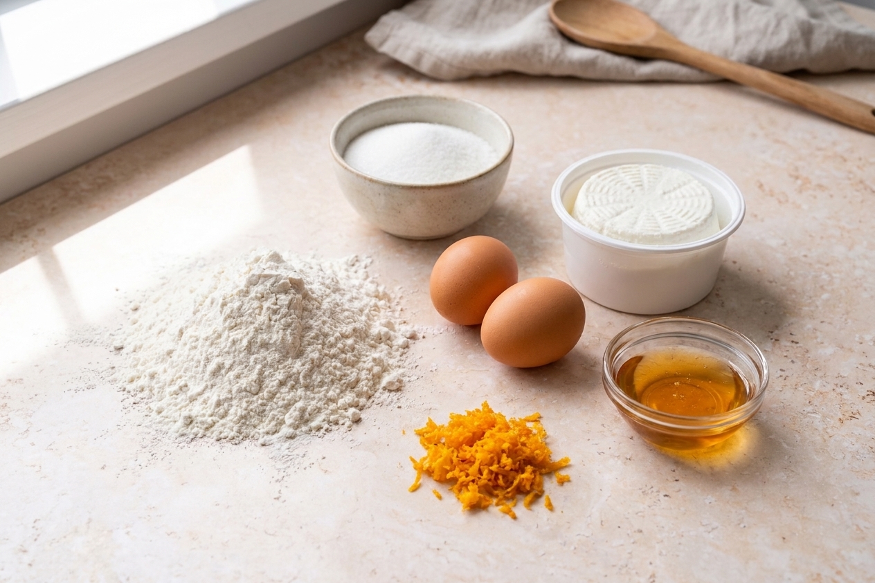 Measured ingredients for sfogliatelle on a kitchen counter, including flour, sugar, eggs, ricotta, orange zest, and a small bowl of honey