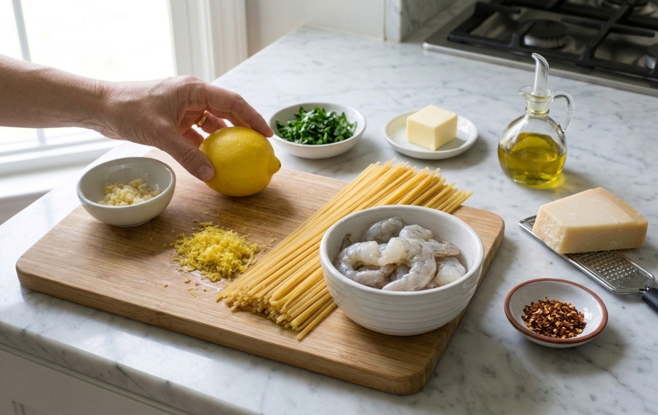 Measured ingredients for shrimp linguine arranged on a clean kitchen counter, including raw shrimp, linguine, lemon, garlic, parsley, butter, olive oil, Parmesan, and red pepper flakes