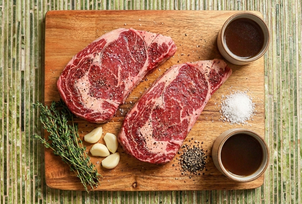 Measured ingredients for skillet steak including boneless steaks, butter, garlic cloves, thyme, salt, pepper, and a small cup of broth arranged on a kitchen counter
