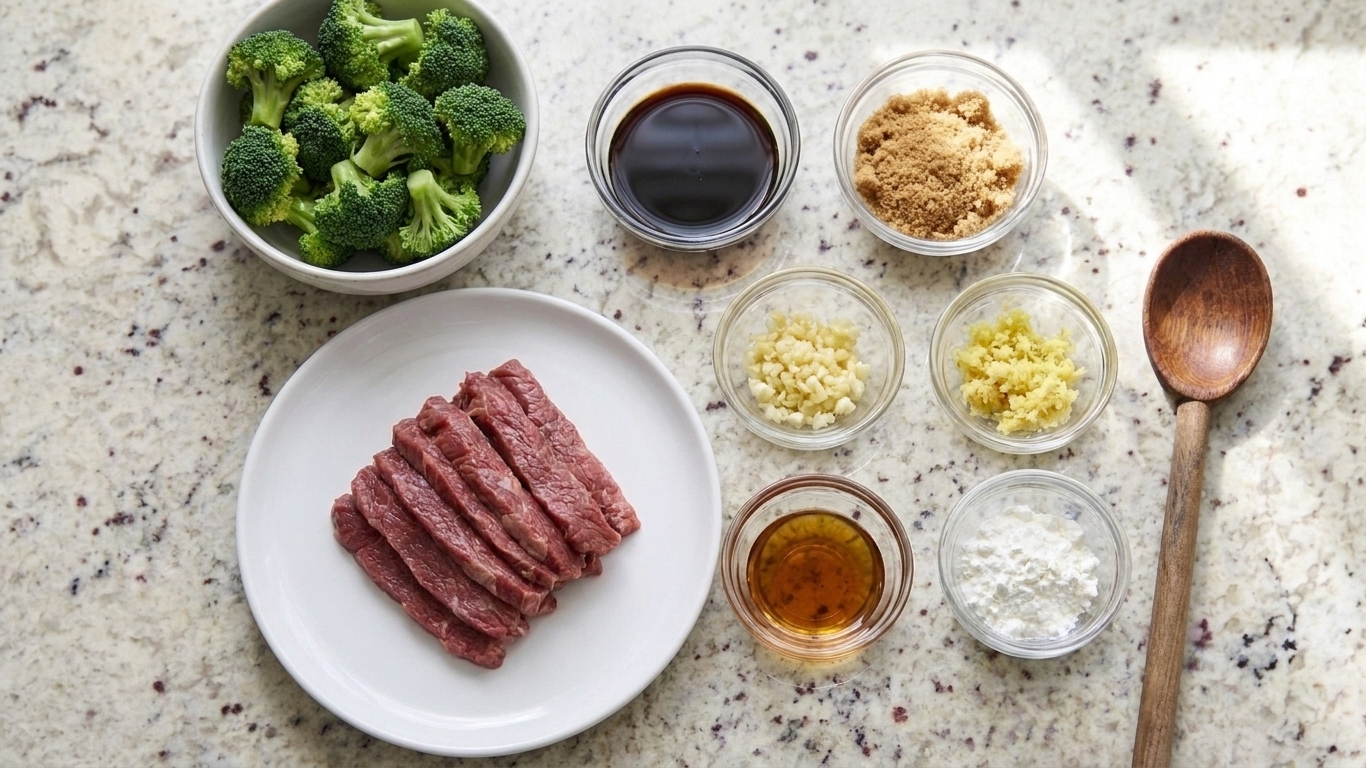 Measured ingredients for slow cooker beef and broccoli including sliced flank steak, broccoli florets, soy sauce, brown sugar, garlic, ginger, sesame oil, and cornstarch arranged on a kitchen counter