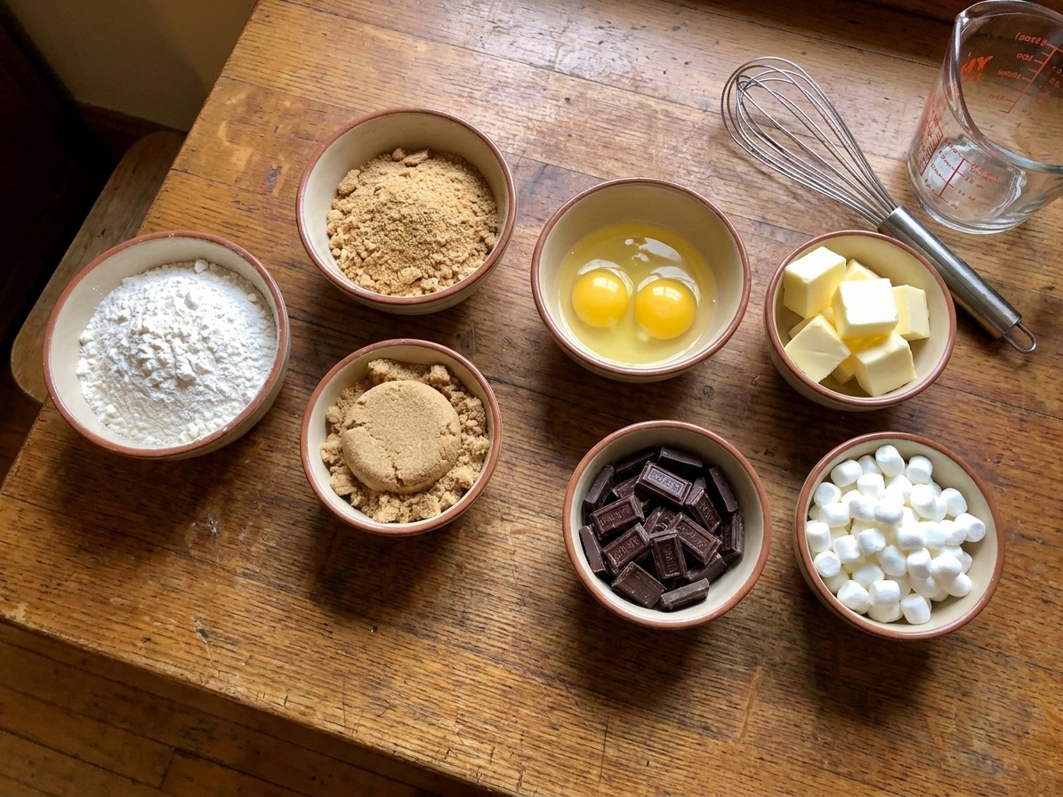 Measured ingredients for s'mores cookies on a kitchen counter: flour, crushed graham crackers, brown sugar, butter, eggs, chocolate pieces, and marshmallows in small bowls