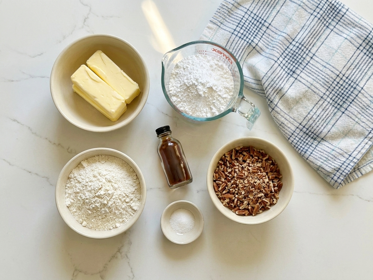 Measured ingredients for snowball cookies including butter, powdered sugar, flour, vanilla, salt, and chopped nuts arranged on a clean kitchen counter in consistent warm lighting