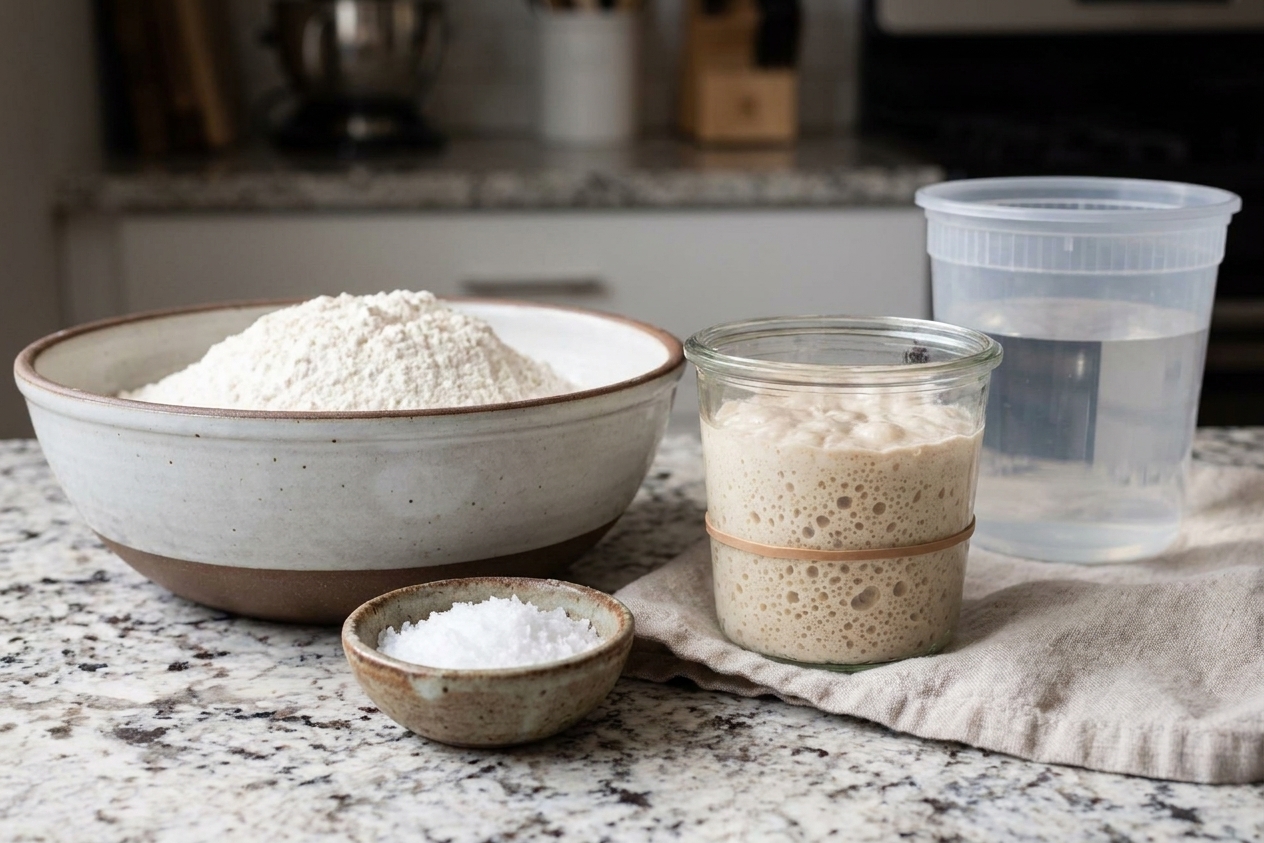 Measured ingredients for sourdough bread including bread flour in a bowl, a small bowl of salt, a jar of active starter, and a container of water on a tidy kitchen counter