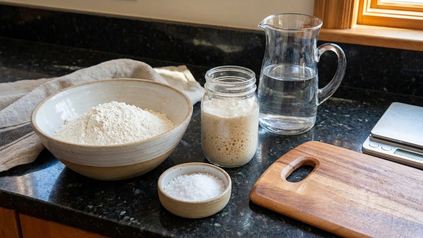 Measured ingredients for sourdough including a bowl of bread flour, a small dish of salt, a jar of bubbly starter, and a pitcher of water on a kitchen counter