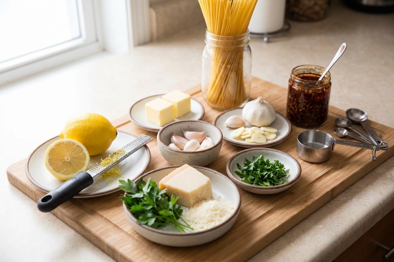 Measured ingredients for spaghetti, butter, garlic, lemon, Parmesan, parsley, and chili crisp arranged on a bright kitchen counter