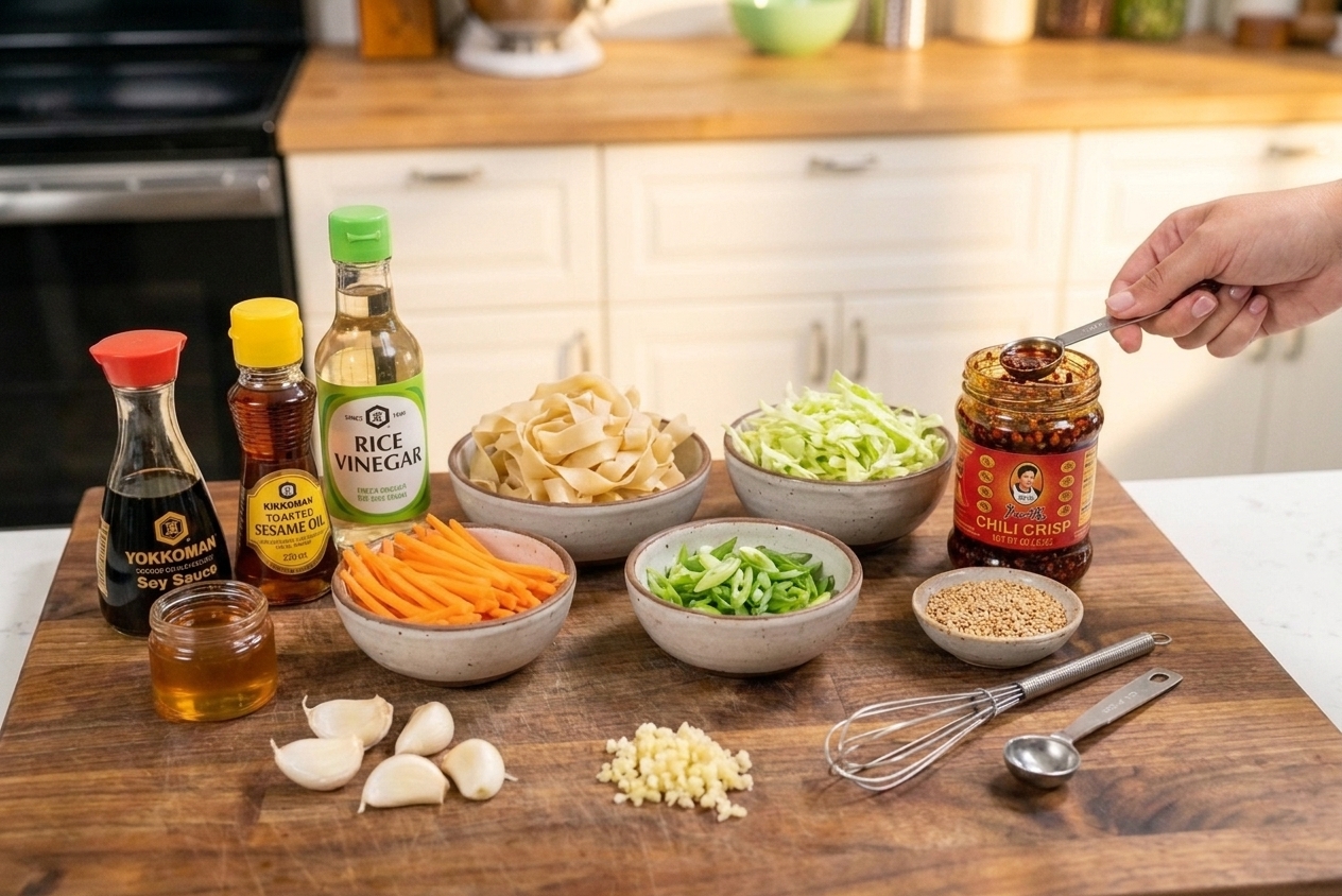 Measured ingredients for spicy garlic sesame noodles including noodles, cabbage, carrots, scallions, soy sauce, sesame oil, rice vinegar, honey, and chili crisp arranged on a kitchen counter