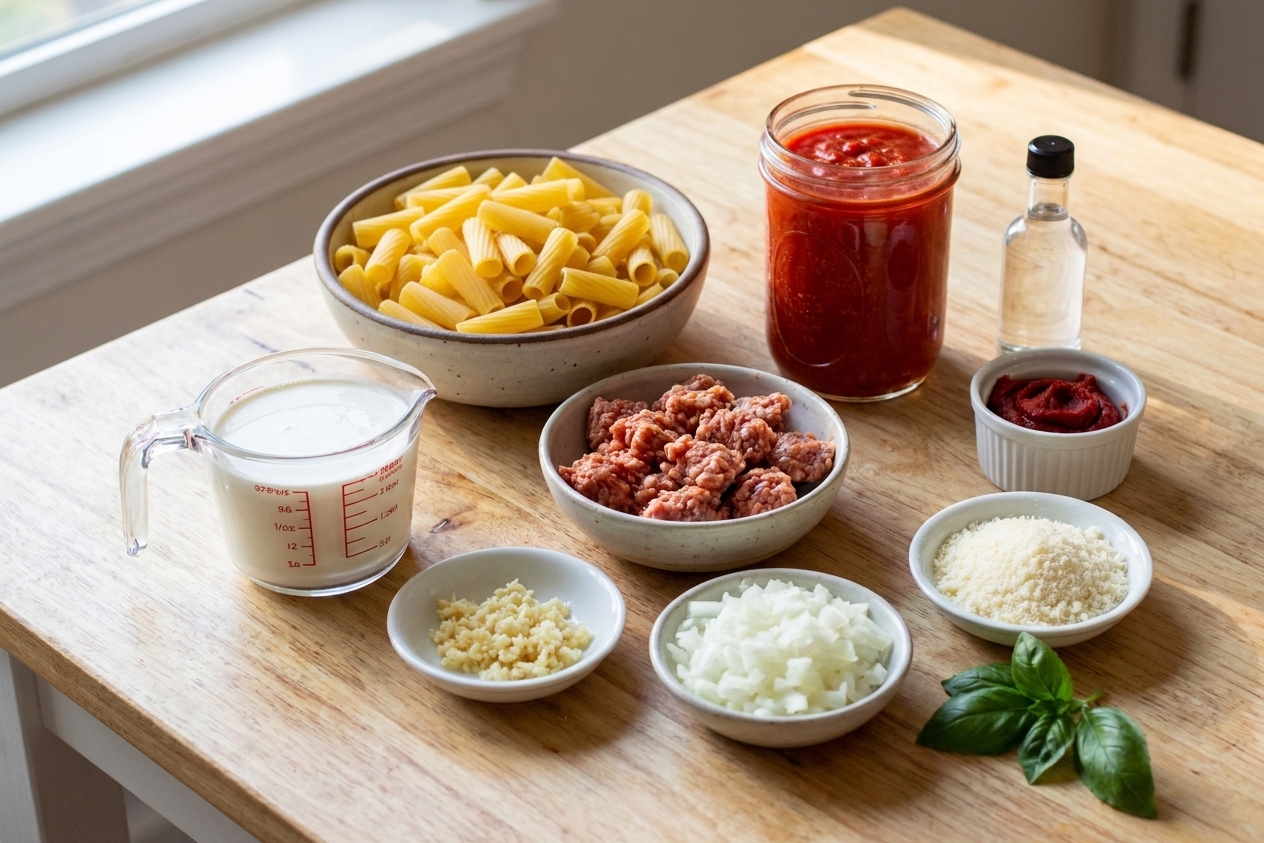 Measured ingredients for spicy sausage vodka rigatoni including rigatoni, sausage, crushed tomatoes, tomato paste, cream, vodka, garlic, onion, Parmesan, and basil on a bright kitchen counter