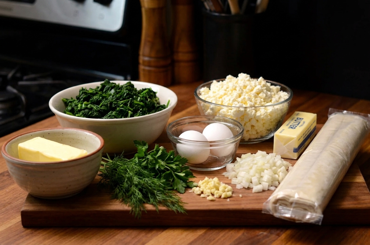 Measured ingredients for spinach pie on a kitchen counter including thawed spinach, feta, eggs, onion, garlic, herbs, butter, and a roll of phyllo dough