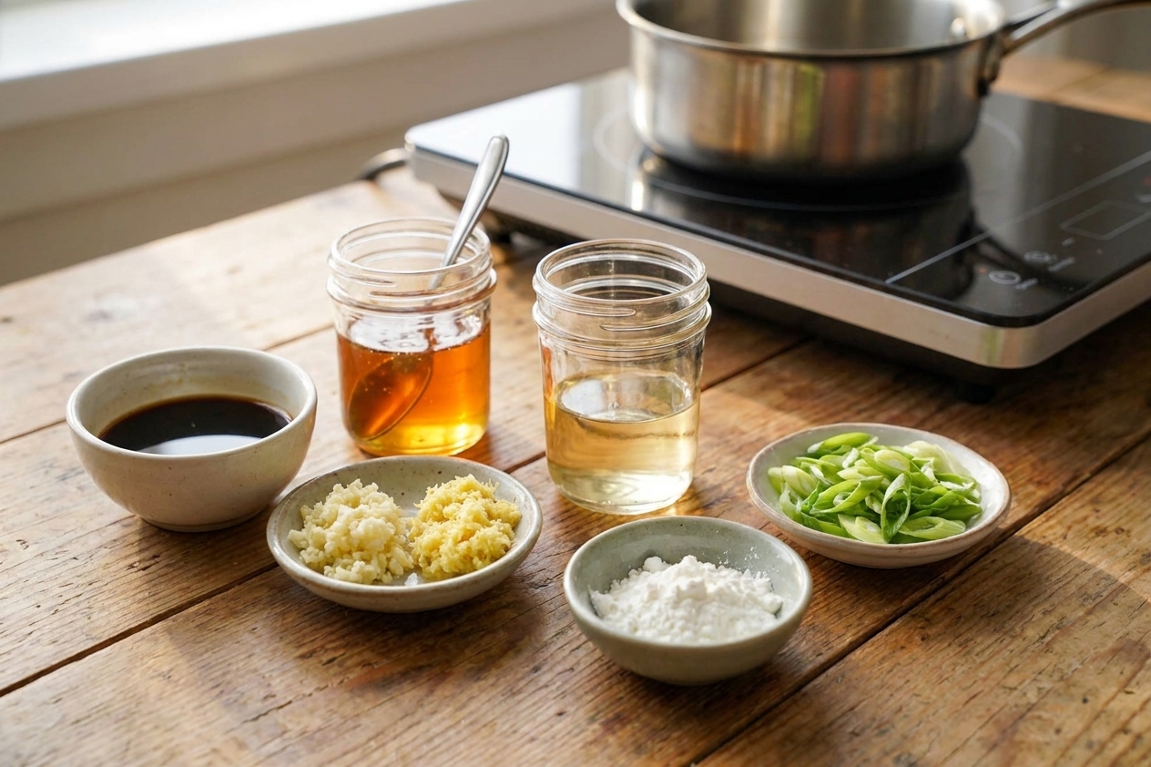 Measured ingredients for sticky sauce and rice bowls on a kitchen counter, including soy sauce, honey, rice vinegar, garlic, ginger, cornstarch, and sliced scallions