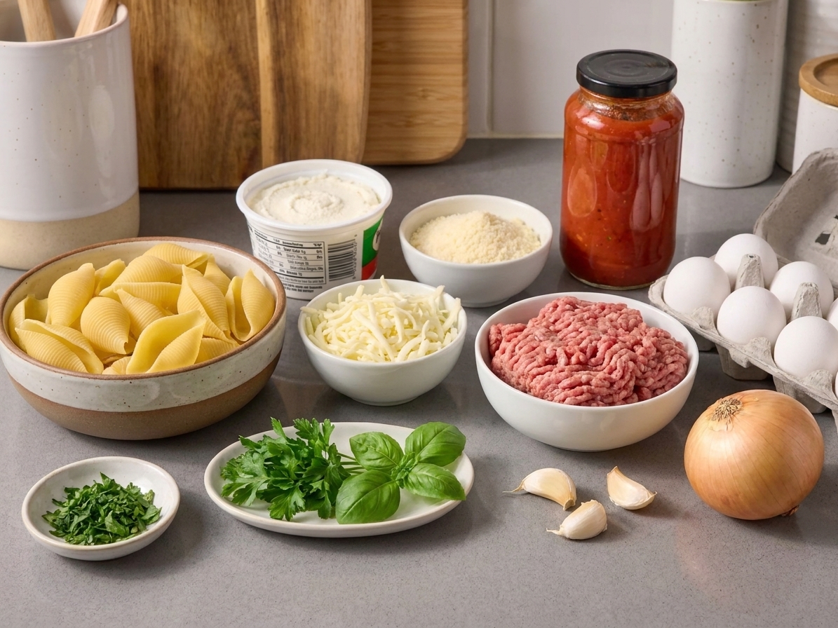 Measured ingredients for stuffed shells with meat including jumbo shells, ricotta, mozzarella, Parmesan, marinara, ground meat, eggs, garlic, onion, and herbs on a kitchen counter