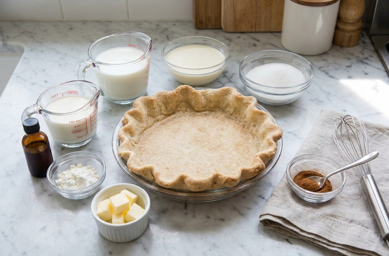 Measured ingredients for sugar cream pie on a clean kitchen counter, including milk, cream, sugar, cornstarch, vanilla, butter, cinnamon, and an unbaked pie crust