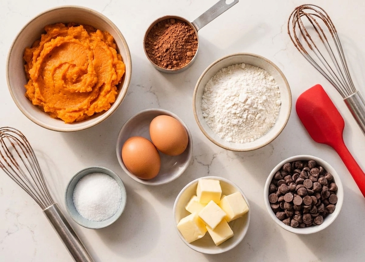 Measured ingredients for sweet potato brownies including mashed sweet potato, cocoa powder, flour, eggs, sugar, butter, and chocolate chips arranged on a clean kitchen counter