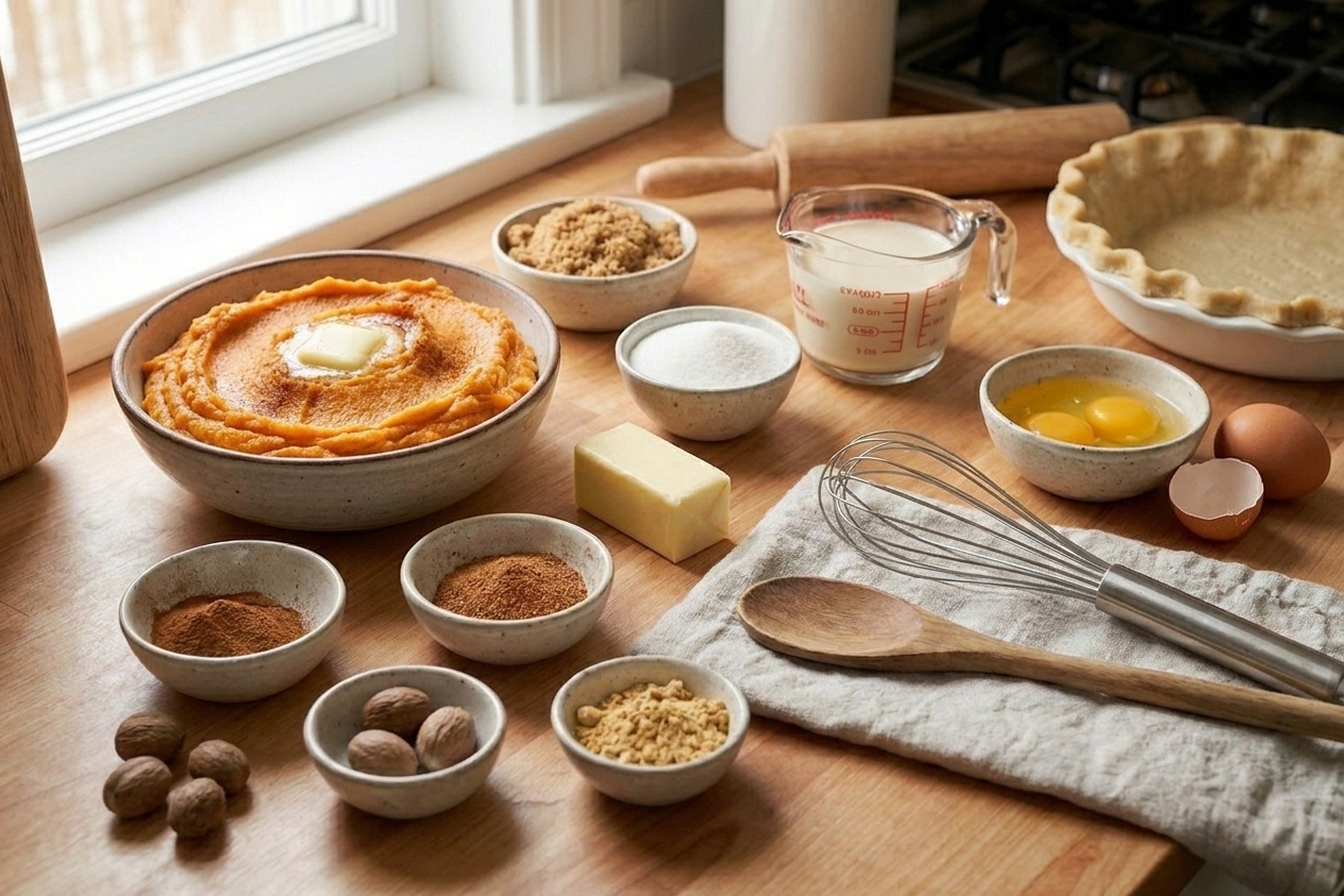 Measured ingredients for sweet potato pie including mashed sweet potato, sugars, eggs, butter, evaporated milk, and spices on a tidy kitchen counter