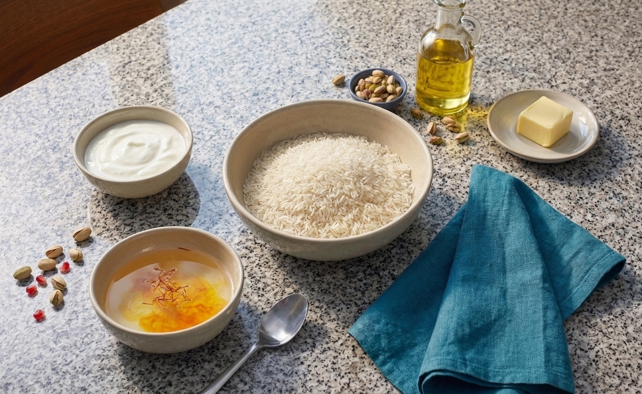 Measured ingredients for tahdig on a kitchen counter including basmati rice, plain yogurt, saffron blooming in a small bowl, butter, and neutral oil