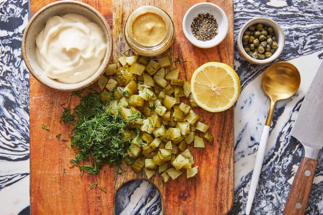 Measured ingredients for tartar sauce on a bright kitchen counter including mayonnaise, chopped pickles, lemon, Dijon mustard, capers, fresh dill, and black pepper