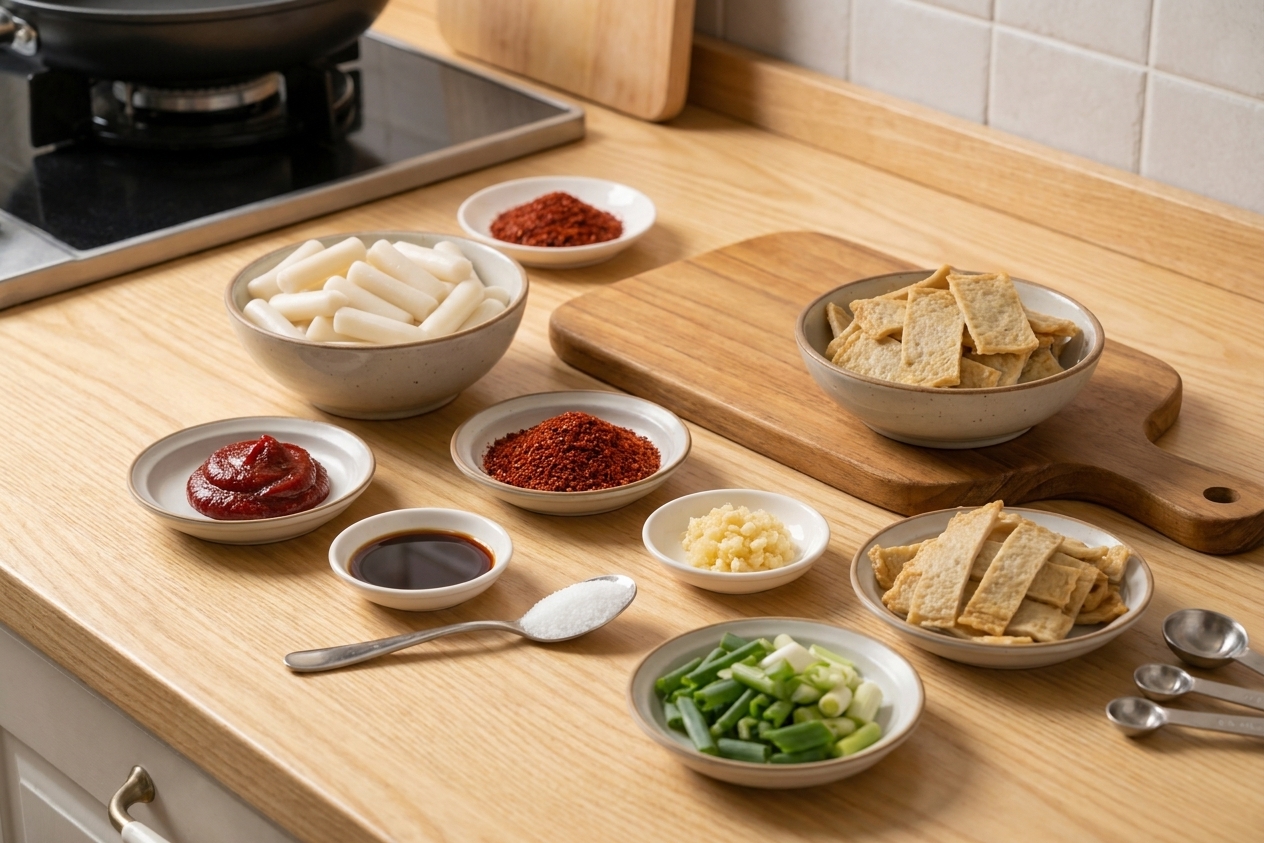 Measured ingredients for tteokbokki on a light kitchen counter including rice cakes, gochujang, gochugaru, soy sauce, sugar, garlic, scallions, and fish cakes