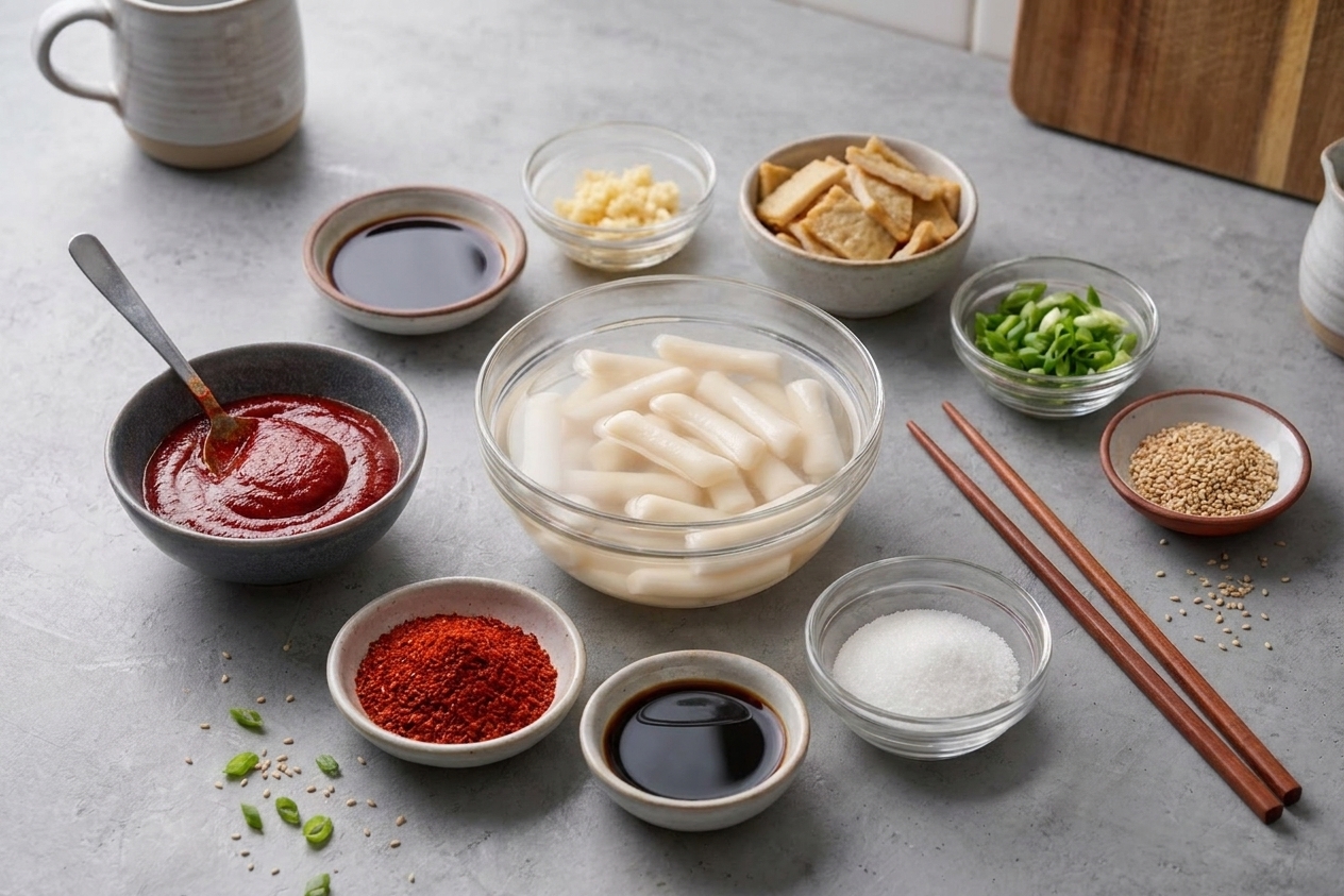 Measured ingredients for tteokbokki on a light kitchen counter including cylinder rice cakes, gochujang, gochugaru, soy sauce, sugar, garlic, fish cake, scallions, and sesame seeds
