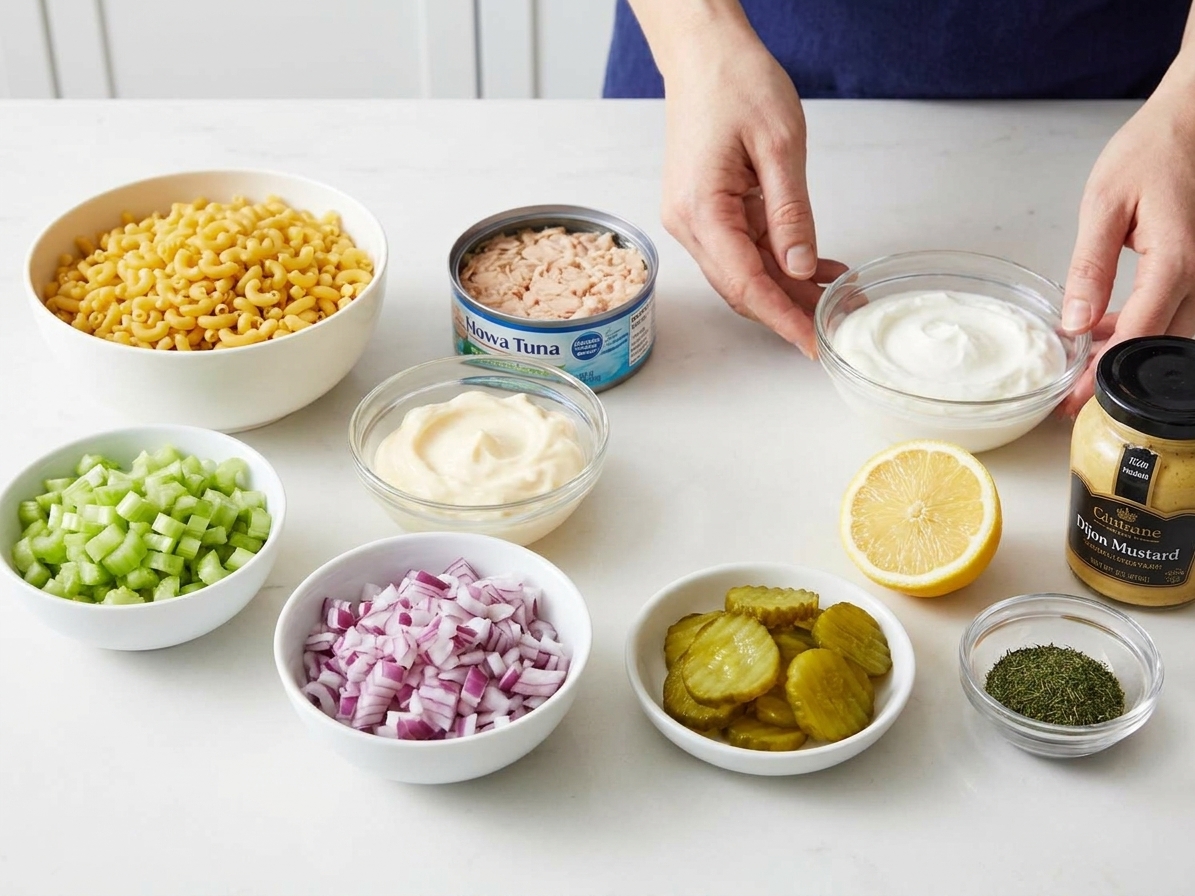 Measured ingredients for tuna macaroni salad including elbow macaroni, canned tuna, mayonnaise, Greek yogurt, celery, red onion, dill pickles, lemon, Dijon mustard, and dried dill arranged on a bright kitchen counter