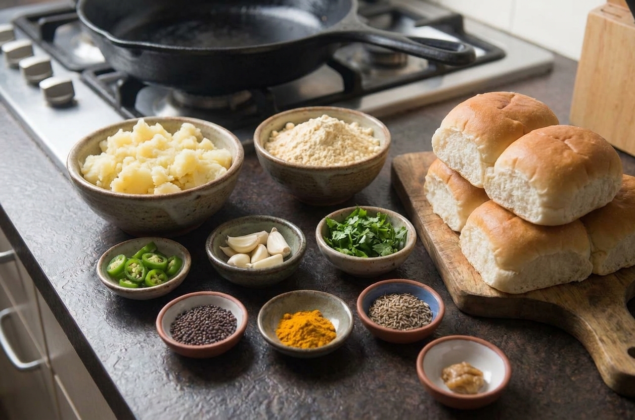 Measured ingredients for vada pav arranged on a clean kitchen counter, including potatoes, chickpea flour, green chiles, garlic, cilantro, spices, and soft rolls