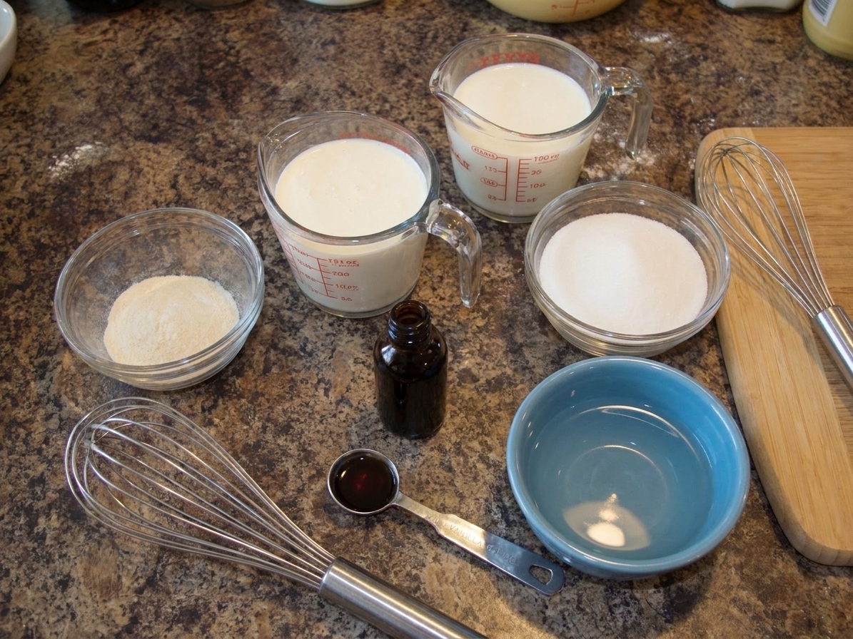 Measured ingredients for vanilla edge gel including gelatin powder, heavy cream, milk, sugar, vanilla, and a small bowl of water on a neat kitchen counter