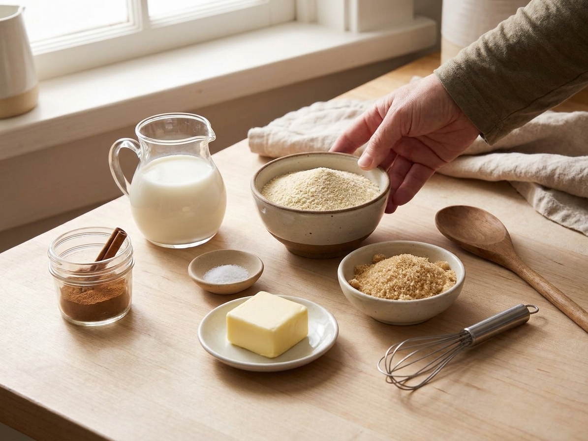 Measured ingredients for wheat cream including milk, farina, salt, butter, brown sugar, and cinnamon arranged on a light kitchen counter