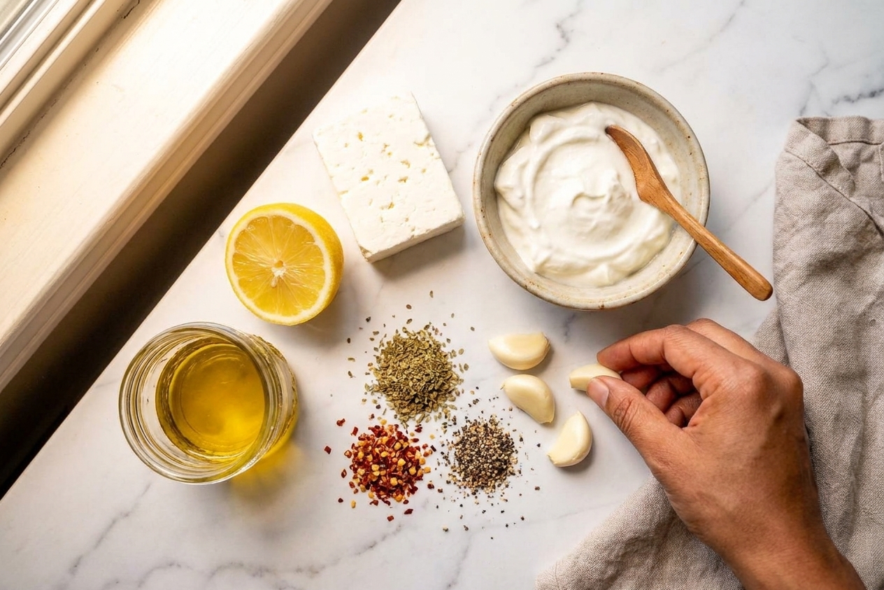 Measured ingredients for whipped feta including feta block, Greek yogurt, lemon, olive oil, garlic, and seasonings arranged on a clean kitchen counter