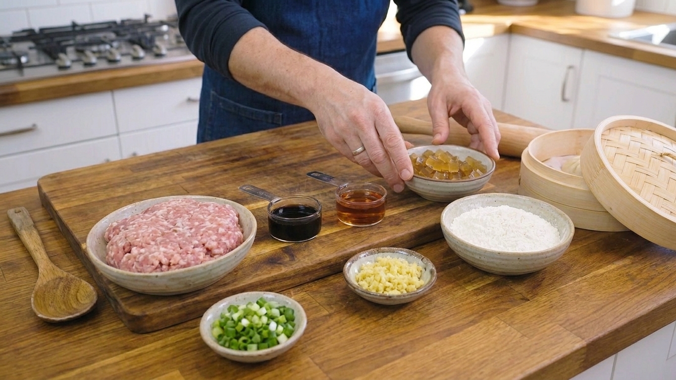 Measured ingredients for xiao long bao on a bright kitchen counter including ground pork, ginger, scallions, soy sauce, Shaoxing wine, gelatin, flour, and a bamboo steamer.