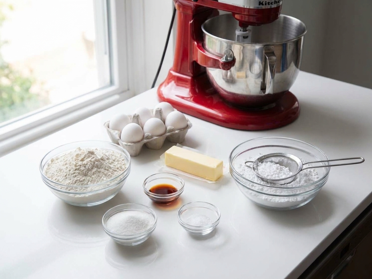 Measured ingredients for zeppole on a bright kitchen counter including flour, eggs, butter, sugar, salt, vanilla, and a bowl of powdered sugar