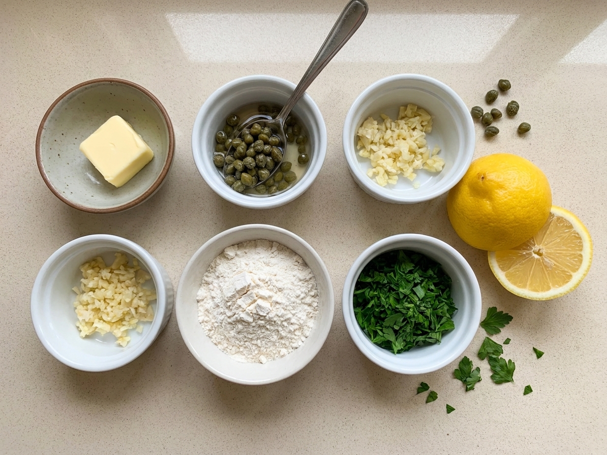 Measured ingredients including lemon, capers, butter, garlic, flour, and chopped parsley arranged on a light kitchen counter