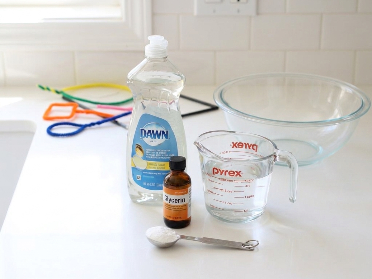 Measured ingredients on a kitchen counter: a bottle of dish soap, a small bottle of glycerin, a measuring cup of water, and a teaspoon of baking powder