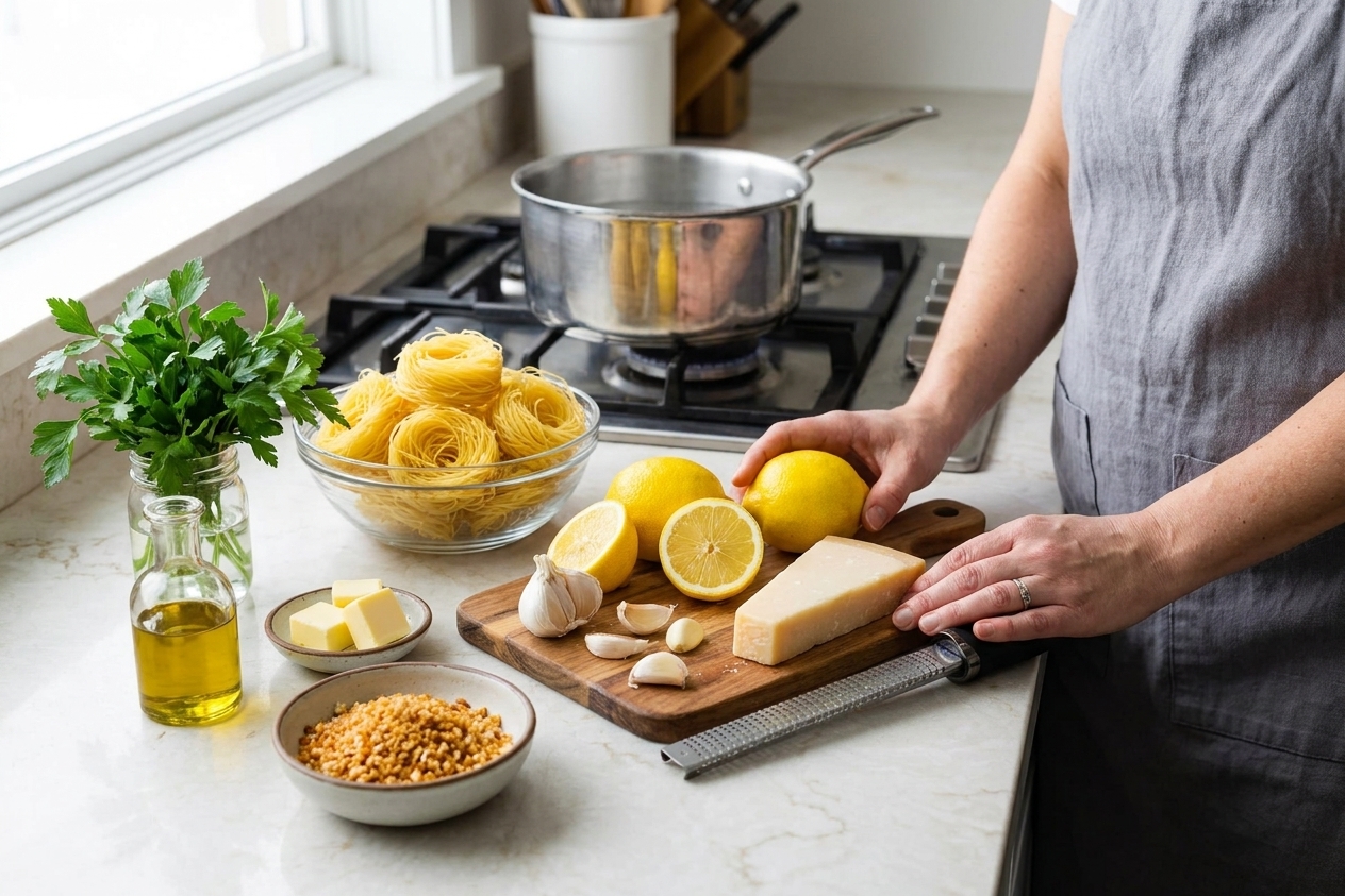 Measured ingredients on a kitchen counter including angel hair pasta nests, lemons, garlic cloves, Parmesan wedge, parsley, olive oil, butter, and a small bowl of breadcrumbs