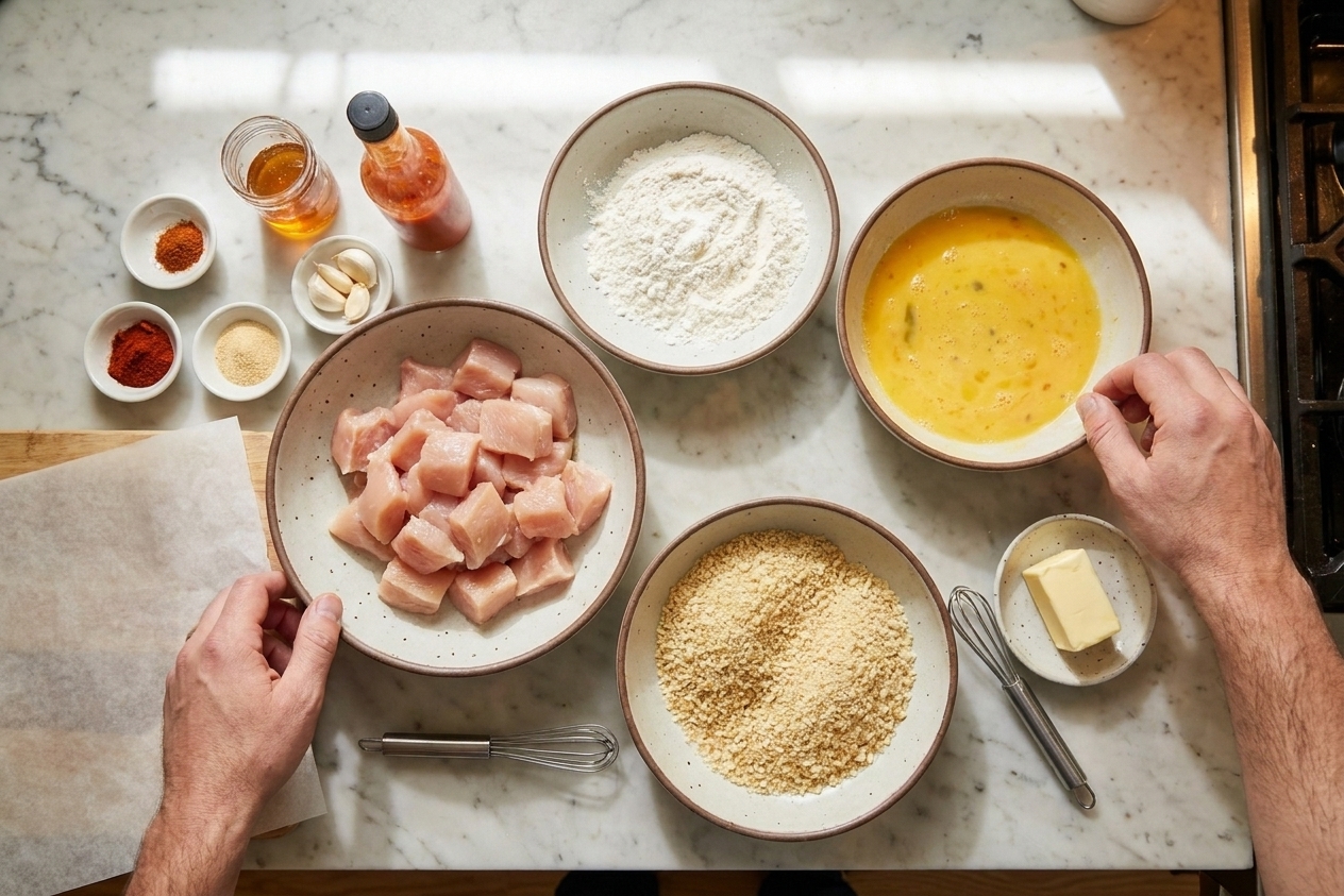 Measured ingredients on a kitchen counter including cubed chicken breast, flour, cornstarch, spices, eggs, panko breadcrumbs, hot sauce, butter, honey, and garlic