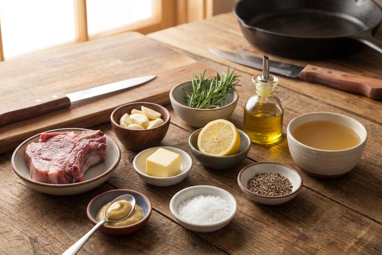 Measured ingredients on a kitchen counter including lamb shoulder chops, garlic cloves, rosemary, butter, Dijon mustard, lemon, olive oil, salt, pepper, and broth in small bowls