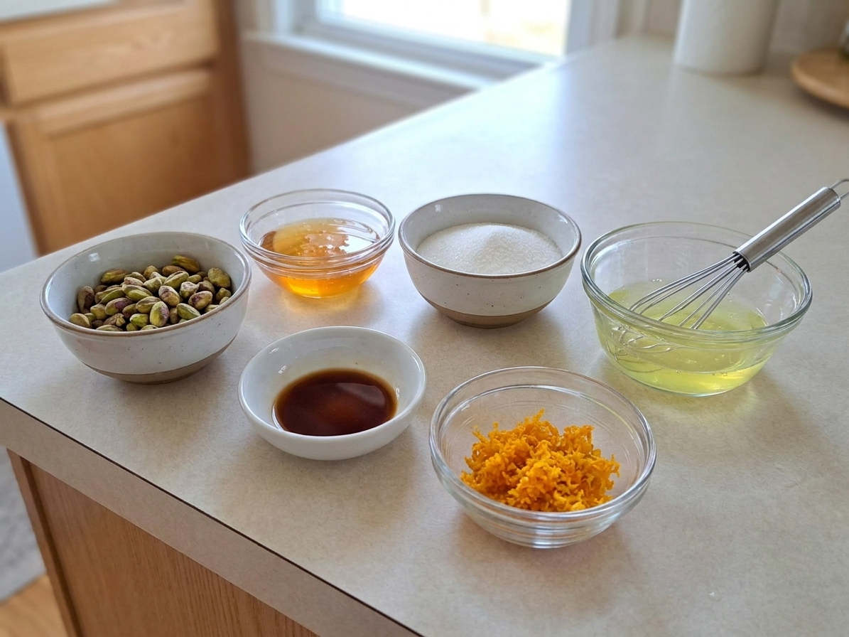 Measured ingredients on a kitchen counter including pistachios, honey, sugar, egg whites, vanilla, and orange zest in small bowls