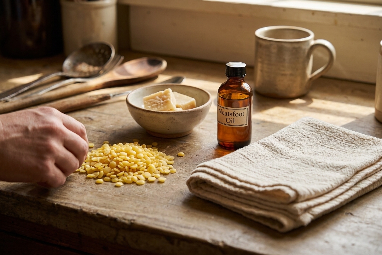 Measured ingredients on a kitchen counter including beeswax pellets, a small bowl of castile soap, a small bottle of neatsfoot oil, and folded cotton cloths in warm natural light