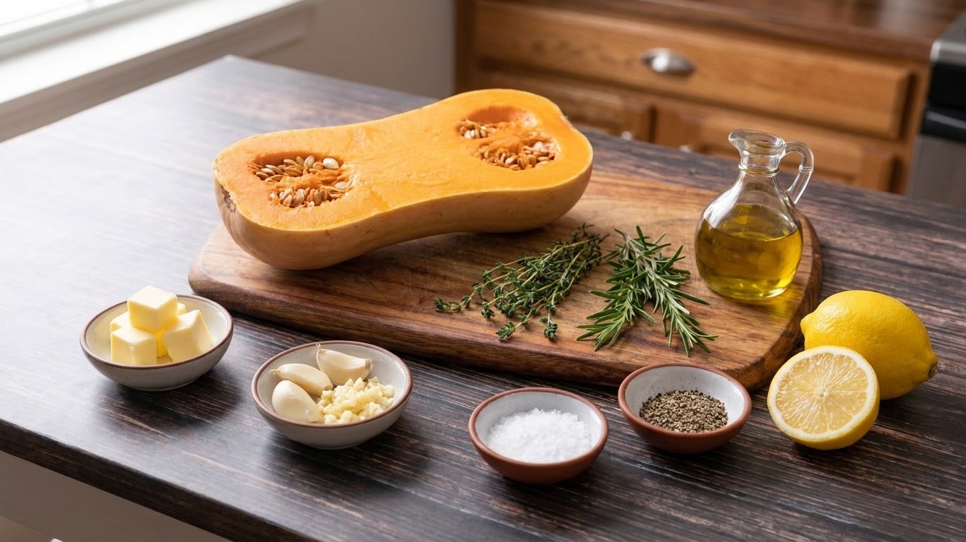 Measured ingredients on a kitchen counter including halved pepper squash, butter, garlic, thyme, rosemary, olive oil, salt, pepper, and a lemon in consistent warm kitchen lighting