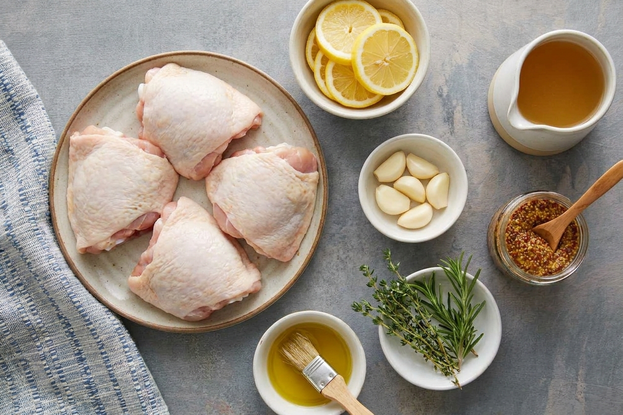 Measured ingredients on a kitchen counter including chicken thighs, lemons, garlic, olive oil, herbs, mustard, and broth in small bowls