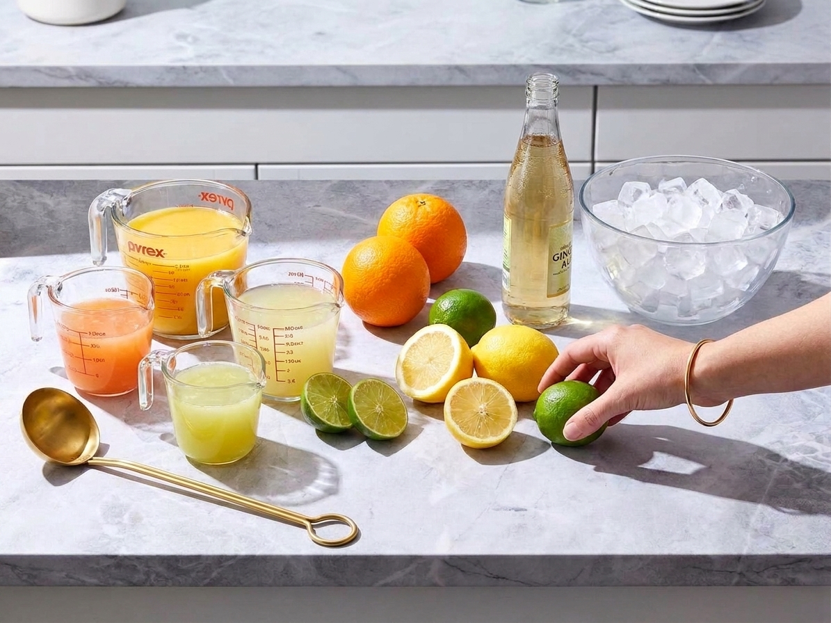 Measured juices, fresh oranges, lemons, limes, a bottle of ginger ale, and a bowl of ice arranged on a clean kitchen counter in even daylight