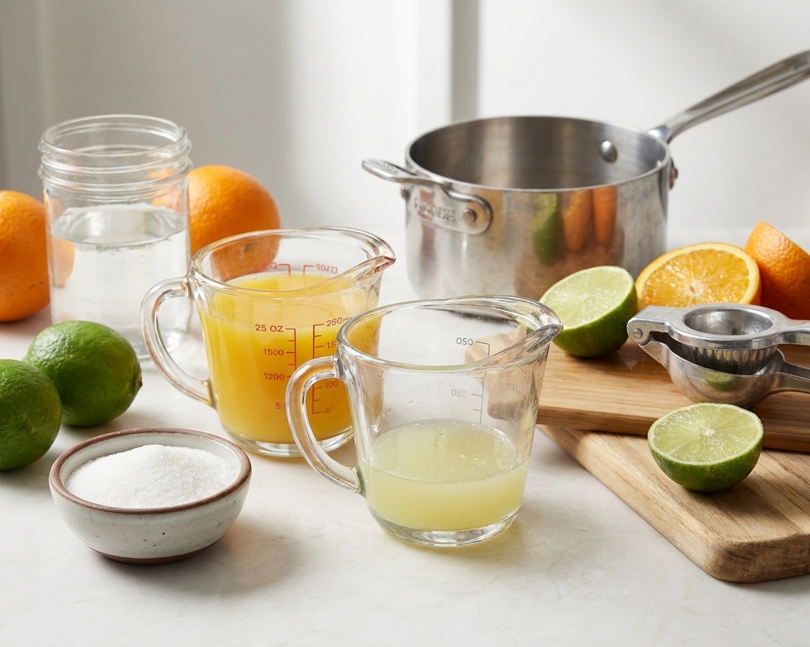 Measured lime juice, orange juice, sugar, and water arranged on a kitchen counter with whole limes and oranges ready to be juiced